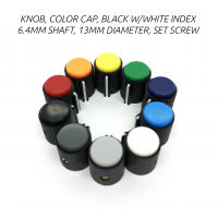 knob, color cap, black w/white index, 6.4mm shaft, 13mm diameter, set screw